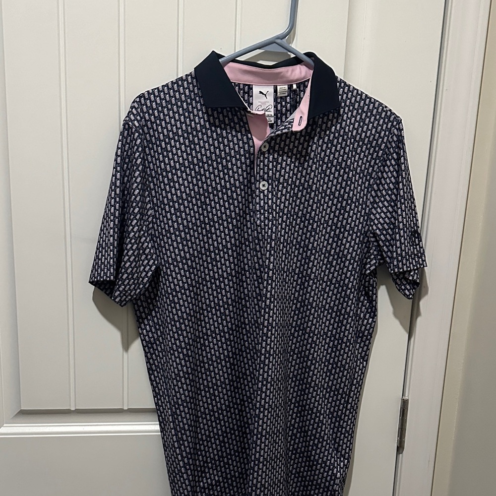 Puma Men's Patterned Polo Shirt in Navy and Pink